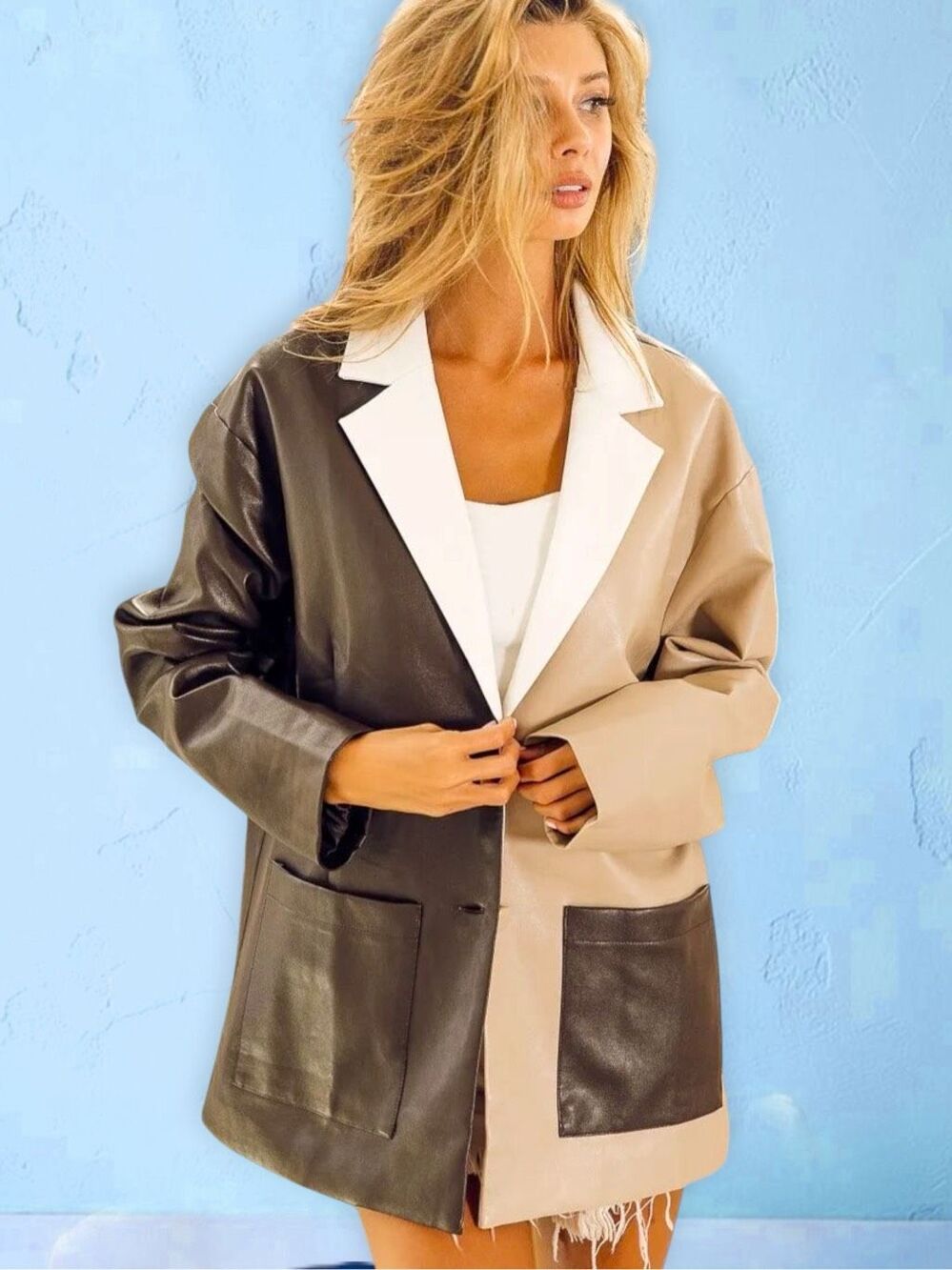 BiBi Faux Leather Color Block Blazer Jacket Mocha Taupe White NEW - Picture 2 of 9